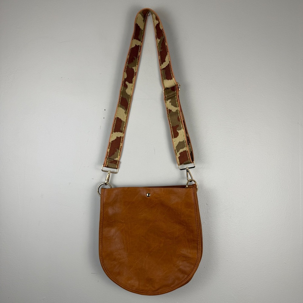 Ahdorned Crossbody Bag Women's Brown Faux Leather U-Shaped Camo Adjustable Strap